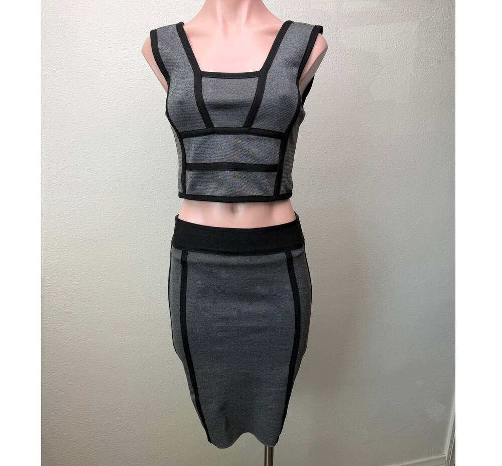WOW Couture Gray Black Bandage Crop Top Midi Skirt Set Women’s US S